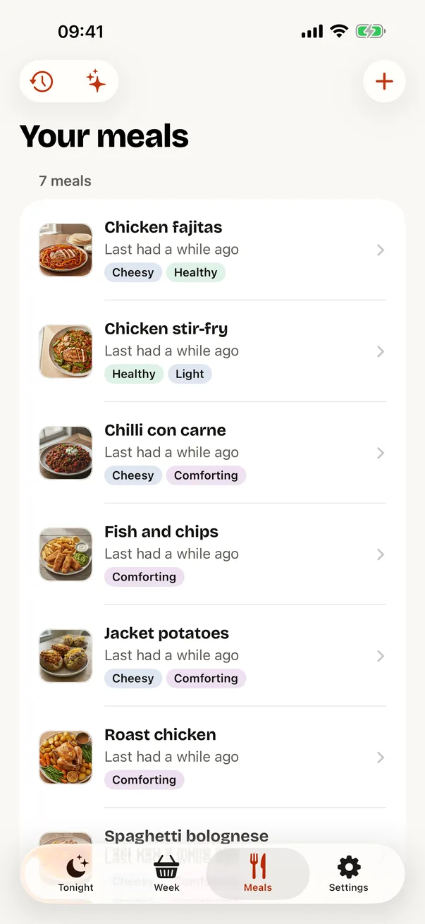 Your meals: the household's own meals, from chicken fajitas to spaghetti bolognese, each with its photograph and when it was last had