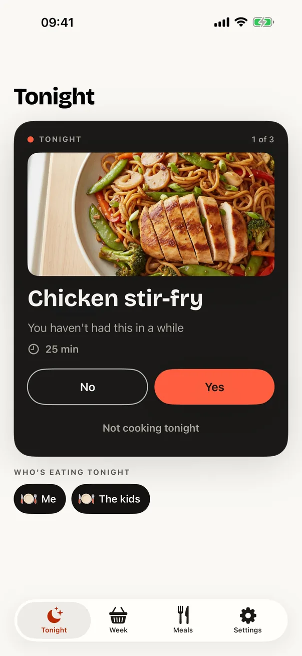 Tonight's card offering chicken stir-fry, one of the household's own meals, with the note that they haven't had it in a while, and No and Yes buttons