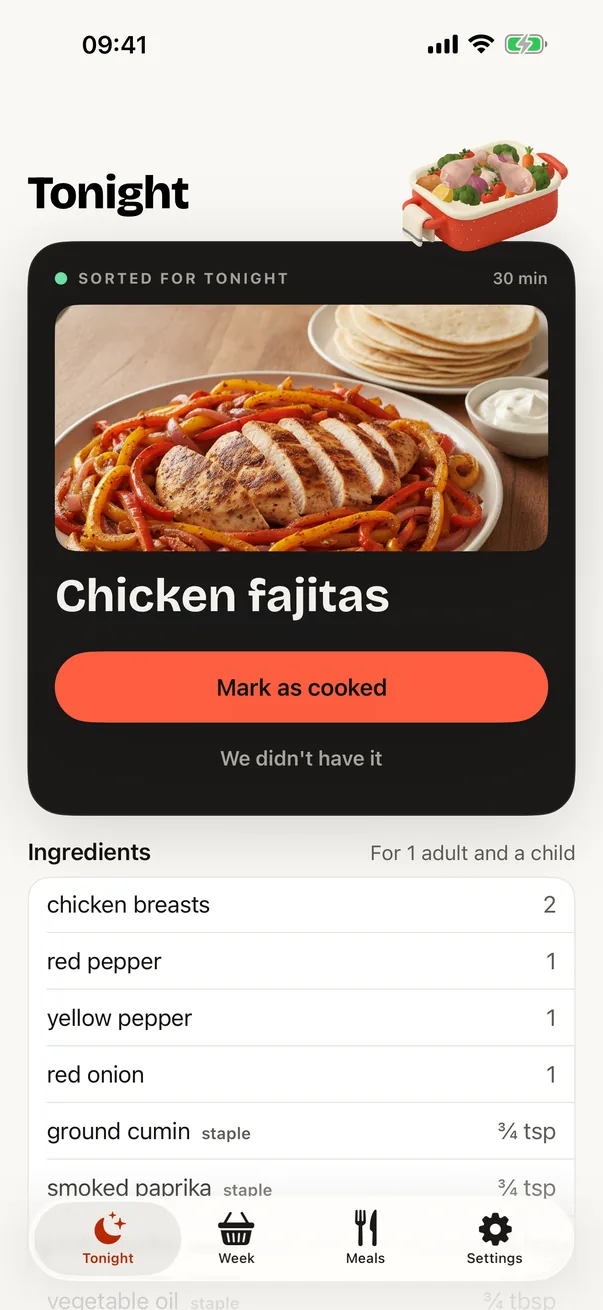 Tonight marked sorted: chicken fajitas, with Mark as cooked, the tin cooking above the card, and its ingredients scaled for one adult and a child underneath