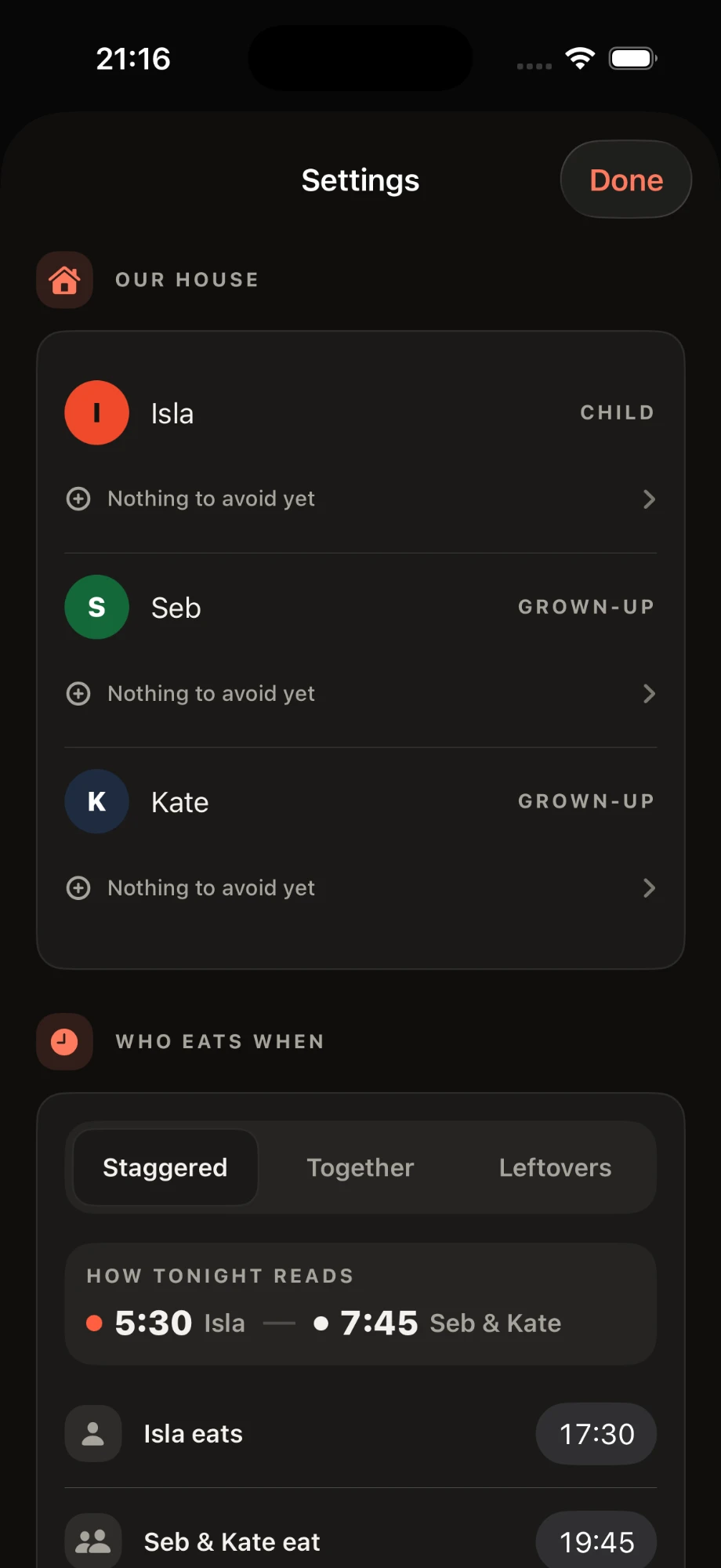The Settings screen listing the household — Isla, Seb, Kate — and their sitting times, with no calorie, macro, weight or goal figures anywhere